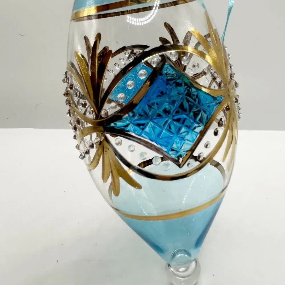 Egyptian Hand Blown Fancy Blue 24K Gold Etched Glass Christmas Ornament EUC